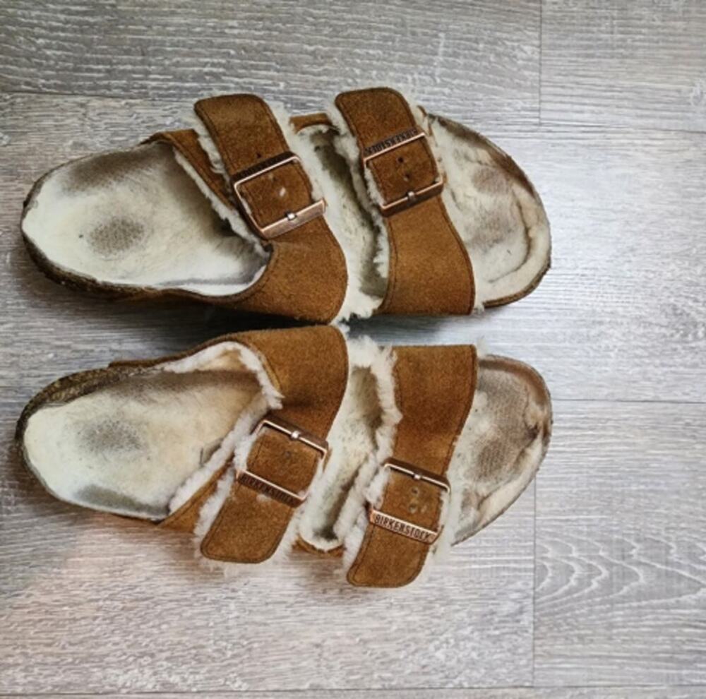 Birkenstock Arizona Shearling & Suede Sandals Size 37 (6-6.5) $165 Mink